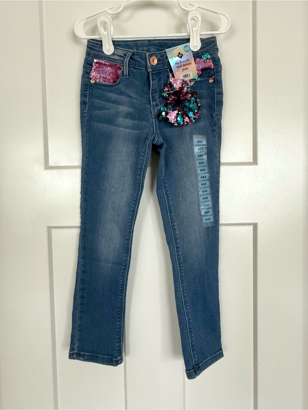 Member’s Mark Girls Knit Denim Jeans 4/5 NWT Reversible Sequin Pockets